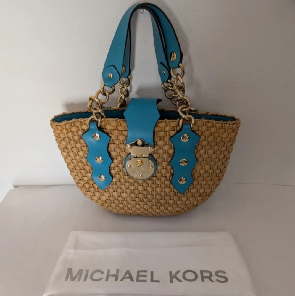 Michael Kors Santorini Straw Handbag Double Teal Leather Gold Chain Straps Rare - Picture 1 of 9